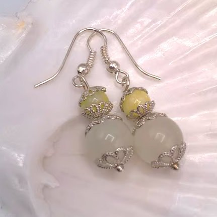 Earrings Made Using Green Jade Beads with Silver Plated Bead Caps, Gift for Her