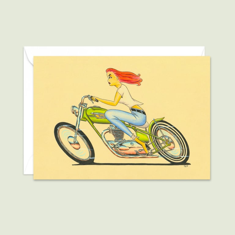 Biker Babe Greetings Card: Hand Drawn Pencil Illustration (306)