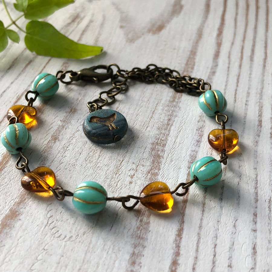 Delicate Turquoise & Amber Heart Bracelet,  Czech Glass Beaded Chain Bracelet