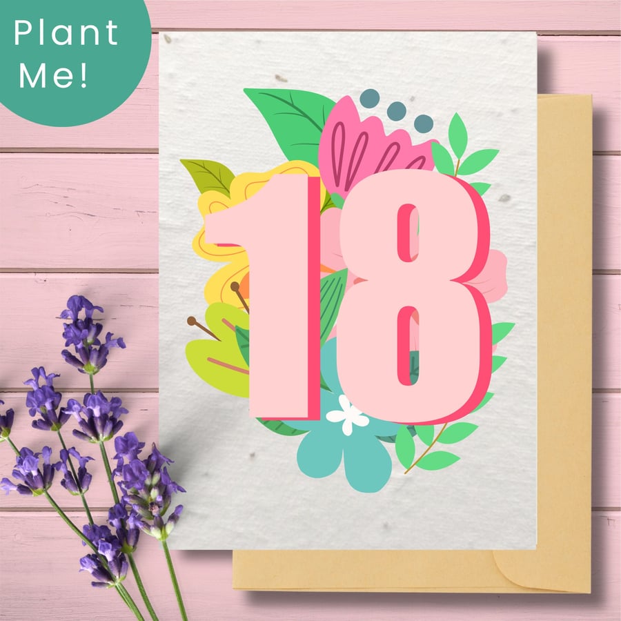 Plantable 18th Birthday Card, Eco friendly Seed Card, Floral Wildflower Card