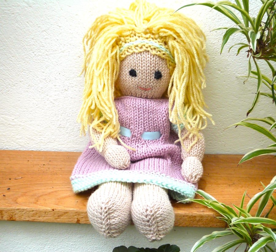 Hand Knitted Doll  12" Wool Doll with Blonde Hair & Removable Dress