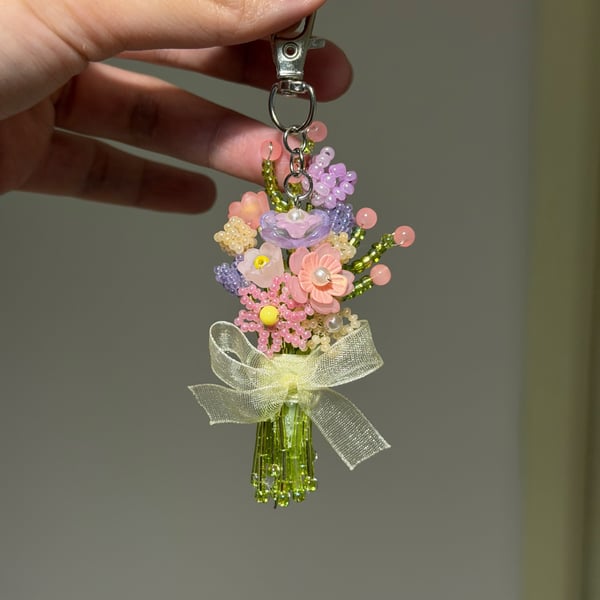 Handmade beaded flower bouquet keychain