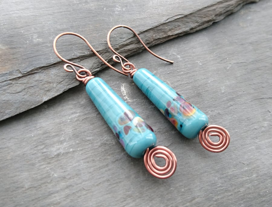 Teal drop earrings with copper swirl and handmade ear wires, lamp work beads