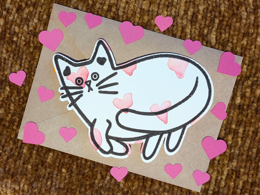 Valentines Cat card hand painted watercolour shaped greeting card love hearts 6