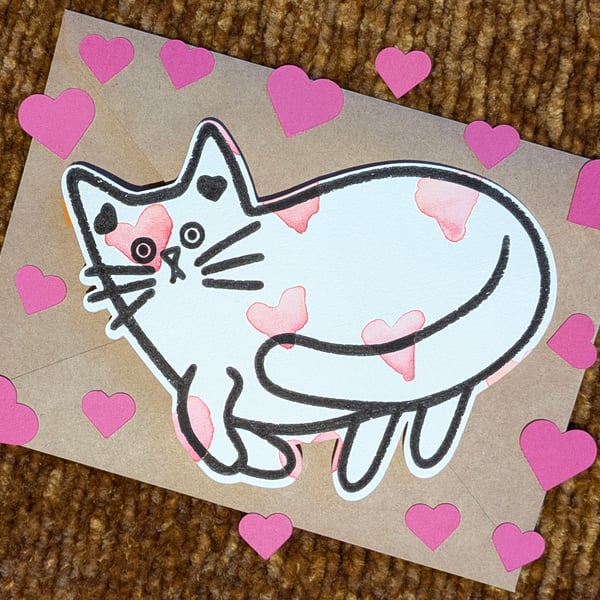 Cat card hand painted watercolour shaped greeting card love hearts 6