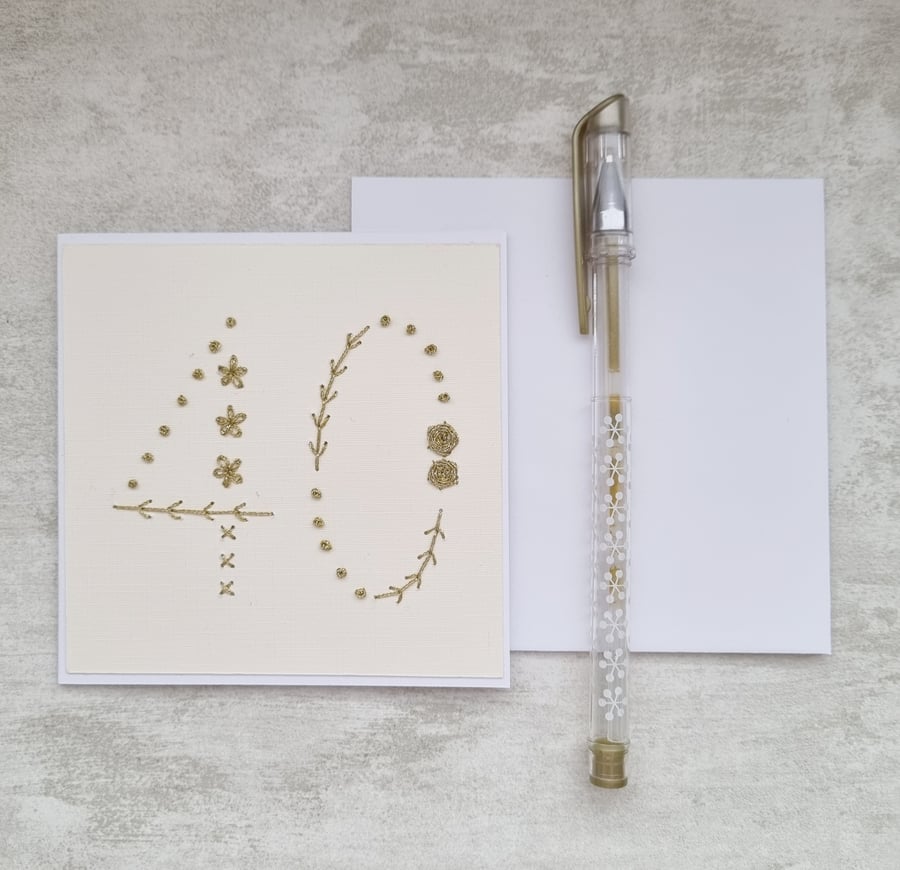 Hand Embroidered 40th Birthday Card