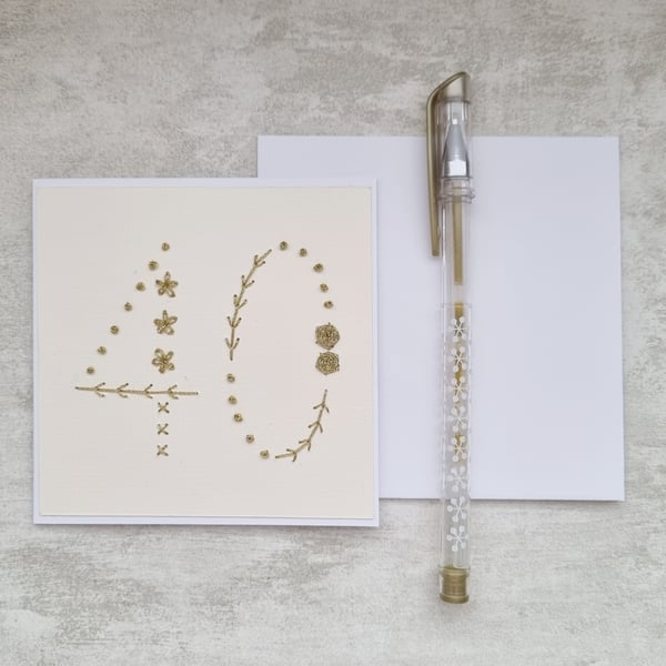 40th Hand Embroidered Birthday Card