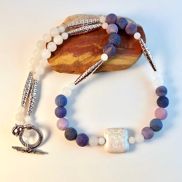 Frosted Blue Agate And White Jade Necklace - Handmade In Devon
