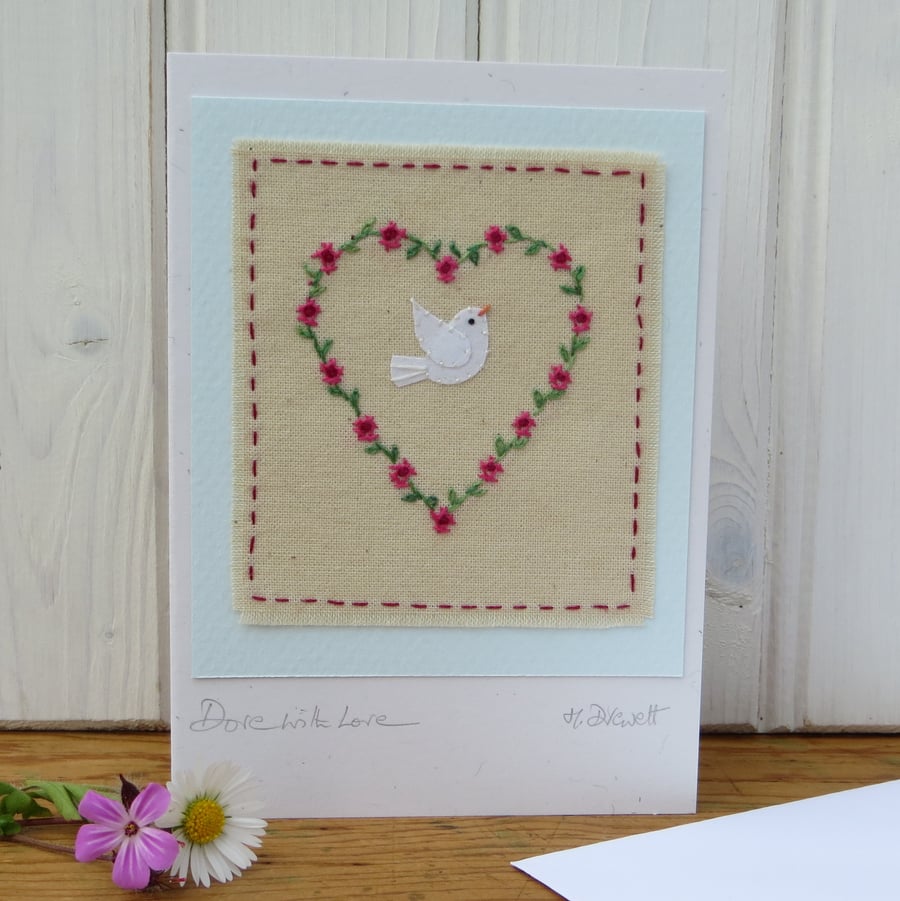 Dove with Love, hand-stitched, special little card to keep, for any occasion