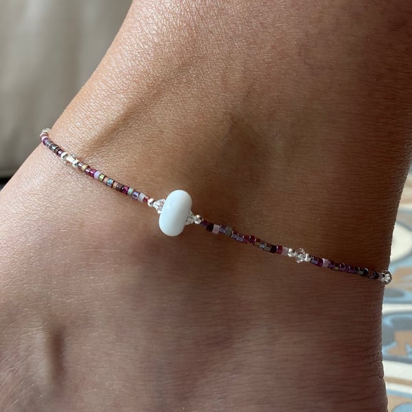 White Lampwork & Miyuki Beaded Anklet. Sterling Silver. Extension Chain. 