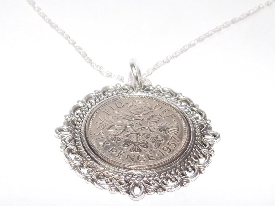 Fancy Pendant 1957 Lucky sixpence 64th Birthday plus a Sterling Silver 22in Chai