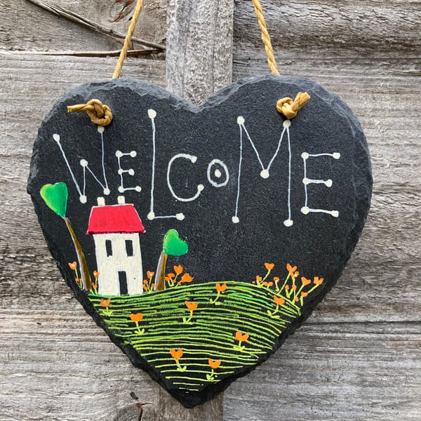 Welcome Home Hand painted Slated Hanging Plaque OOAK House Warming Gift