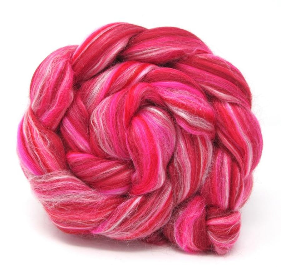 Raspberry Ripple Merino and Silk Combed Top 100g for Spinning and Felting