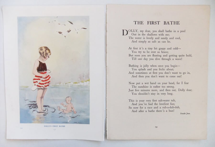 Dollys First Bathe - 1930s illustration and poem from Blackies Childrens Annual