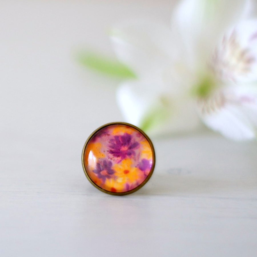 Yellow Adjustable Ring, Purple Floral Ring, Glass Ring with Art Print