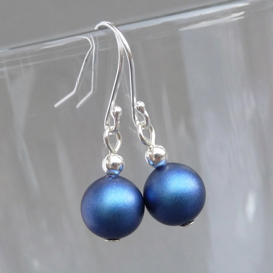 Simple Royal Blue Pearl Drop Earrings - Iridescent Dark Blue Dangle Earrings
