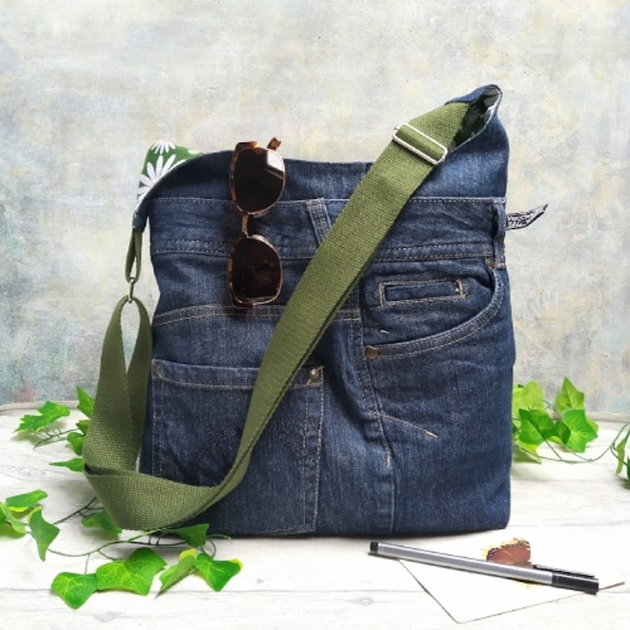 Recycled Denim Bucket Bag with Daisies and Green Strap 
