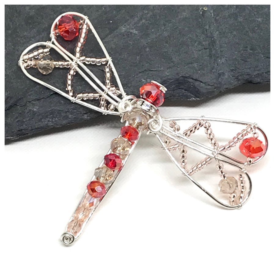 Silver Dragonfly Brooch With Crystals