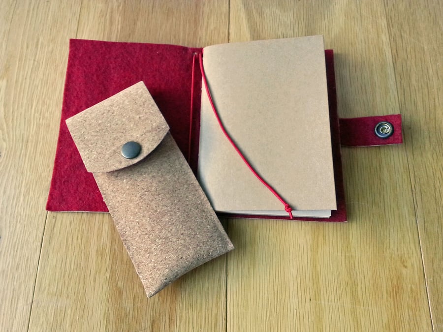 Red Notebook Cover & Pencil Case Set - Cork & Felt. Ready to Post 