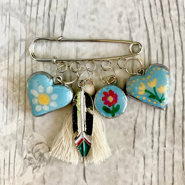 Blue Boho Clay Floral Charms Kilt Pin Brooch Handmade Trendy Jewellery