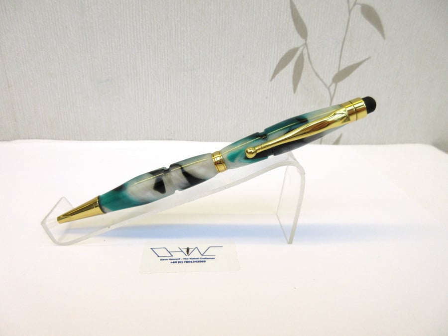 Green Multi Coloured Acrylic Ball Point Stylus Pen with Velvet Pouch. Hand Made