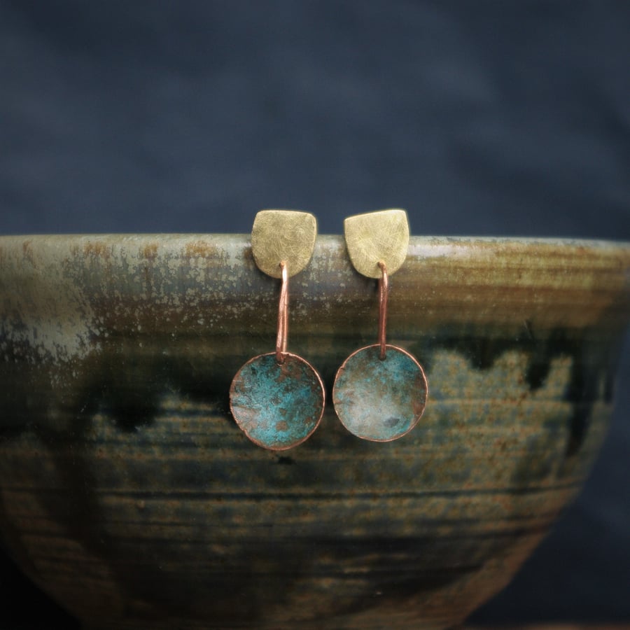 Geometric Brass and Verdigris Dangle Stud Earrings