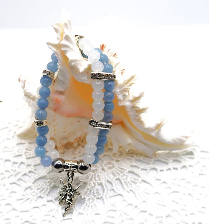 Jade and Selenite Stretch Bracelet with a pretty Fairy Charm.  Free UK Postage.
