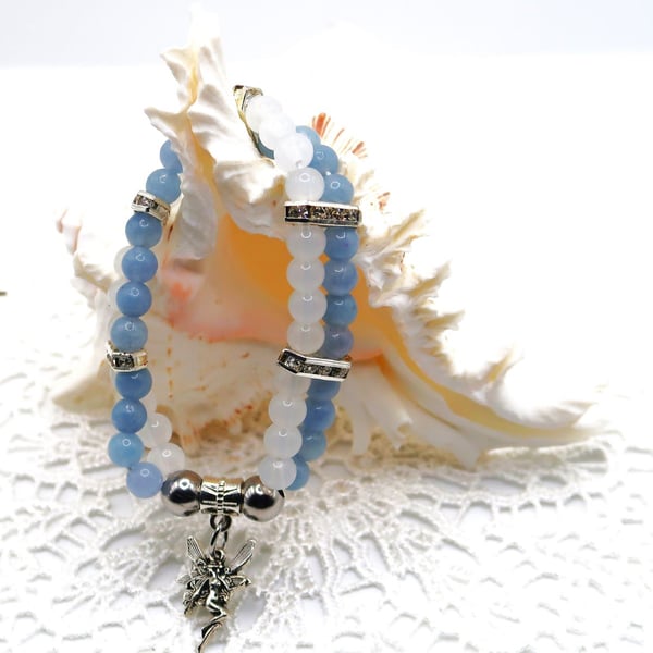 Jade and Selenite Stretch Bracelet with a pretty Fairy Charm.  Free UK Postage.