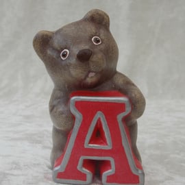 Ceramic Hand Painted Small Brown Alphabet Bear Red Letter A Figurine Ornament.