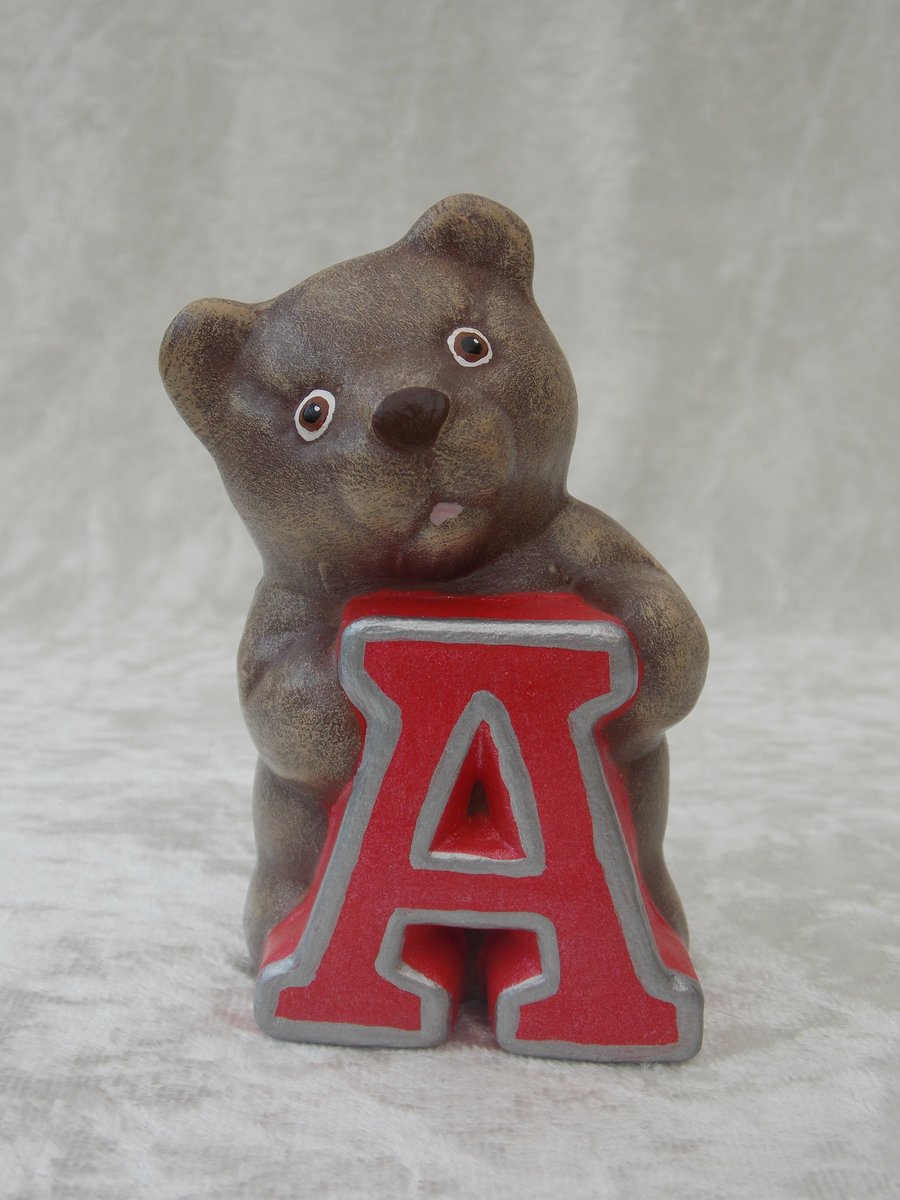 Ceramic Hand Painted Small Brown Alphabet Bear Red Letter A Figurine Ornament.