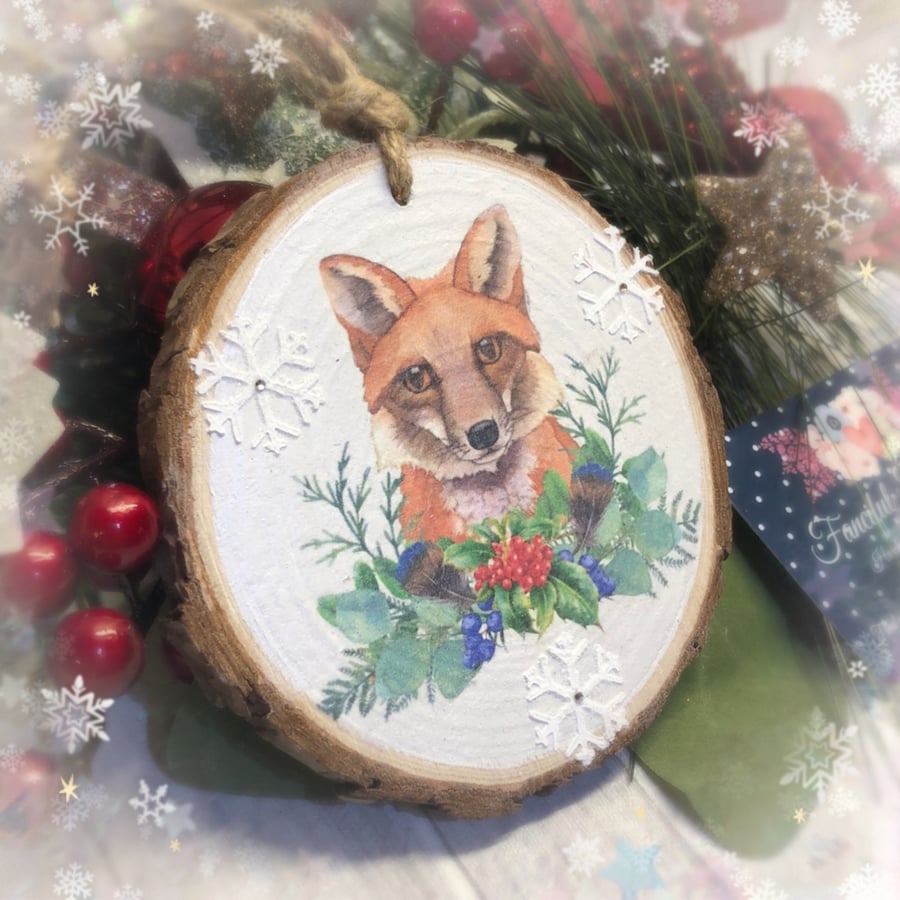 Fox rustic log slice Christmas tree decoration