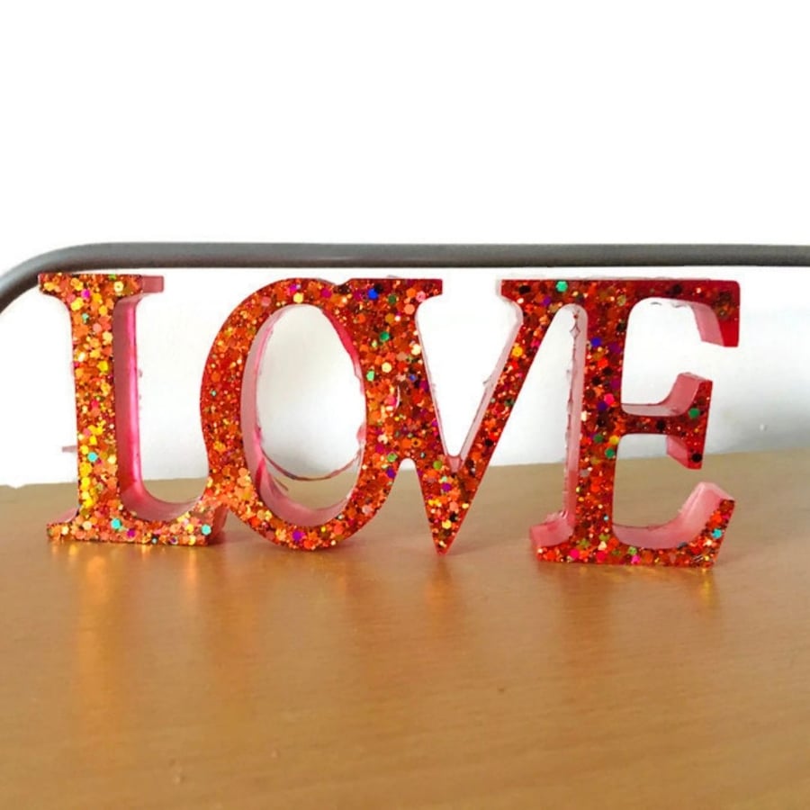 Love red sparkly word sign free standing word.