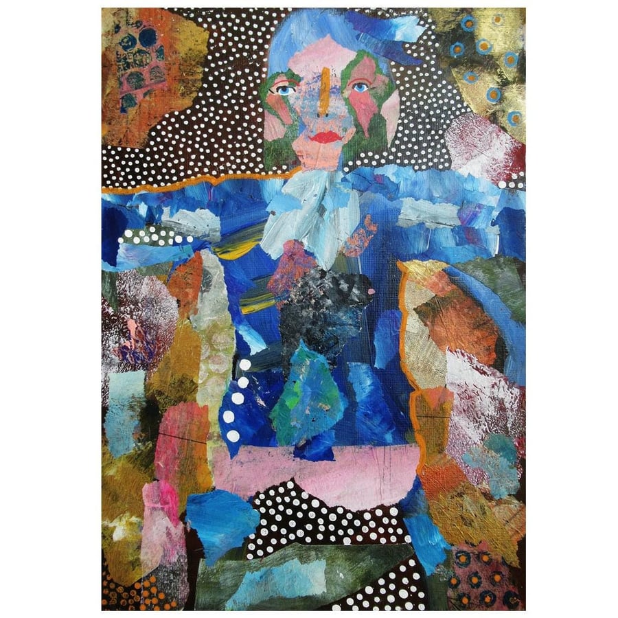 Outsider Art Print Weird Primitive Mixed Media Figurative Artwork Blue Brown