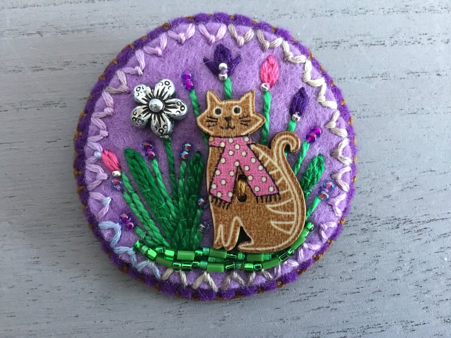 Hand Embroidered Lavender Cat Brooch