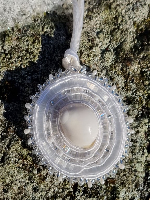 Shell of Pure Intention – Handmade White Sea Shell Amulet with Soutache & Beads