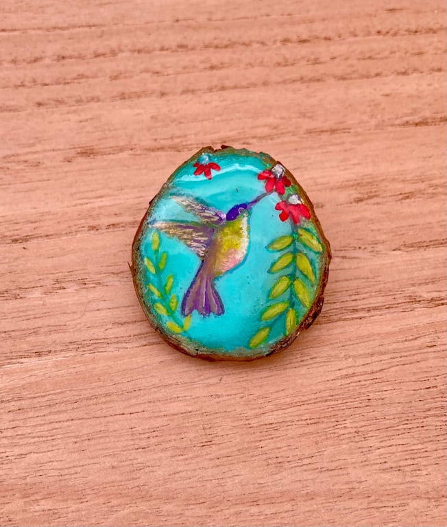 Hummingbird Brooch Pin Hand Painted Wood Slice Gift