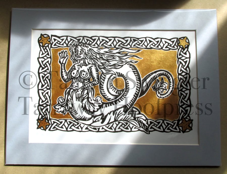 Mermaid In Gold - Limited Edition Linoprint