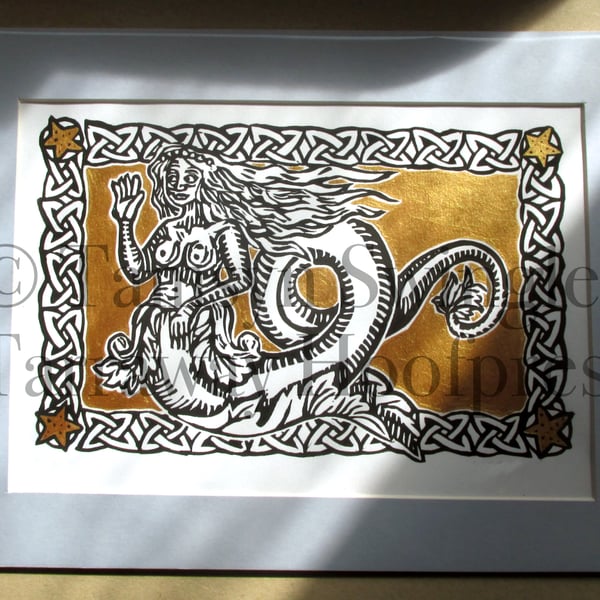 Mermaid In Gold - Limited Edition Linoprint