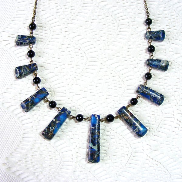 Statement Bib Necklace with Blue Sea Sediment Jasper