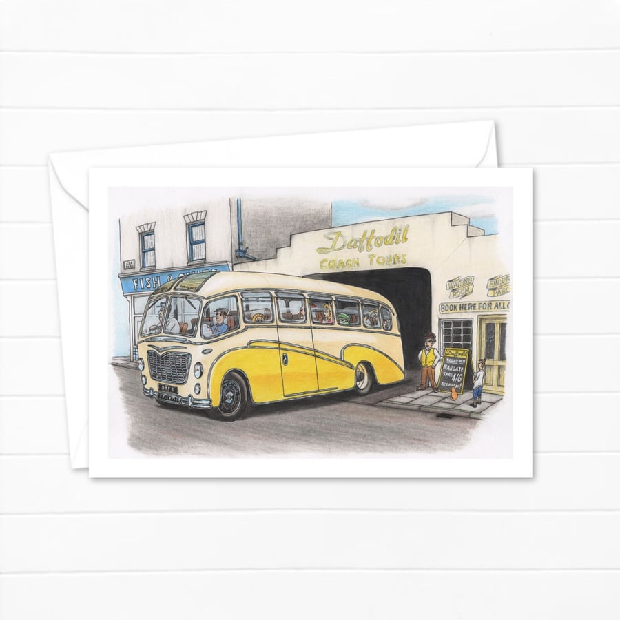 Vintage Coach Trip Greeting Card: Hand Drawn Nostalgic Art (326)