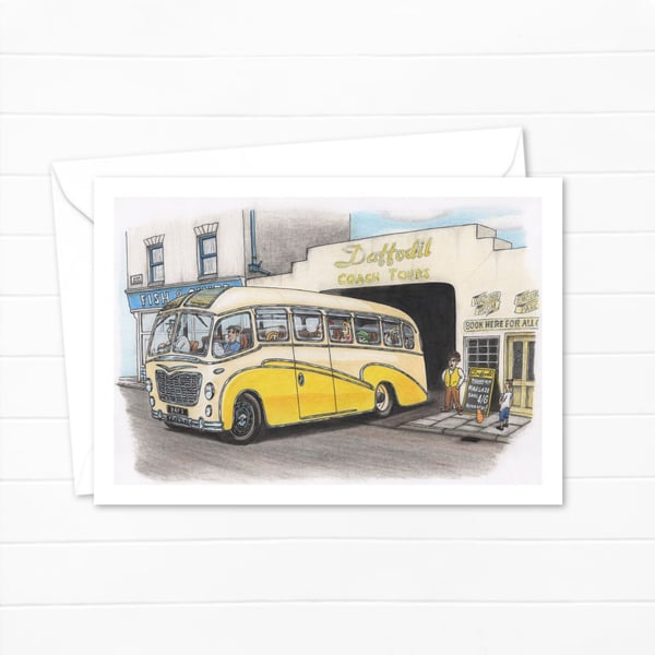 Vintage Coach Trip Greeting Card: Hand Drawn Nostalgic Art (326)