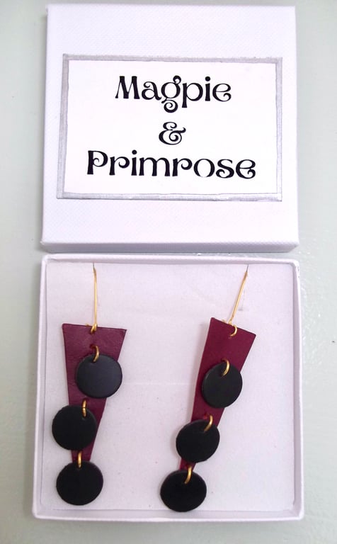 Leather Dangle Drop Earrings Contemporary Style Claret and Black 