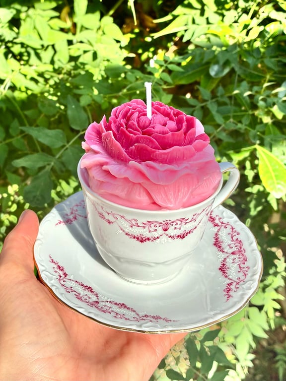 Rose Soy Candle in Tea Cup with Saucer - Clean and Unscented