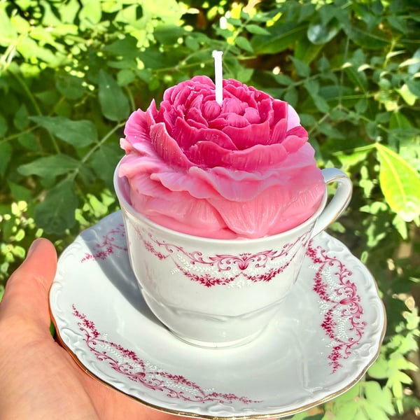 Rose Soy Candle in Tea Cup with Saucer - Clean and Unscented