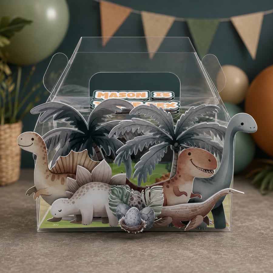 Personalised Clear 3D Dinosaur Party Favour Boxes, Set of 6