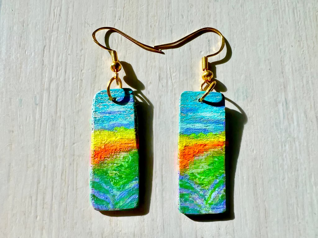 Little landscape, hand painted wood on gold-plated earrings
