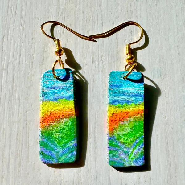 Little landscape, hand painted wood on gold-plated earrings
