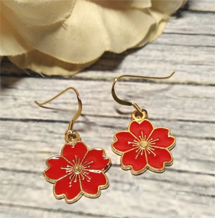 Red Flower enamel earrings