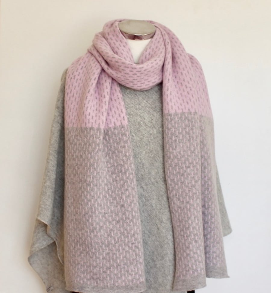 Scarf Shawl Wrap Soft Merino Lambswool Piglet Pink Middle and Pearl Grey Ends