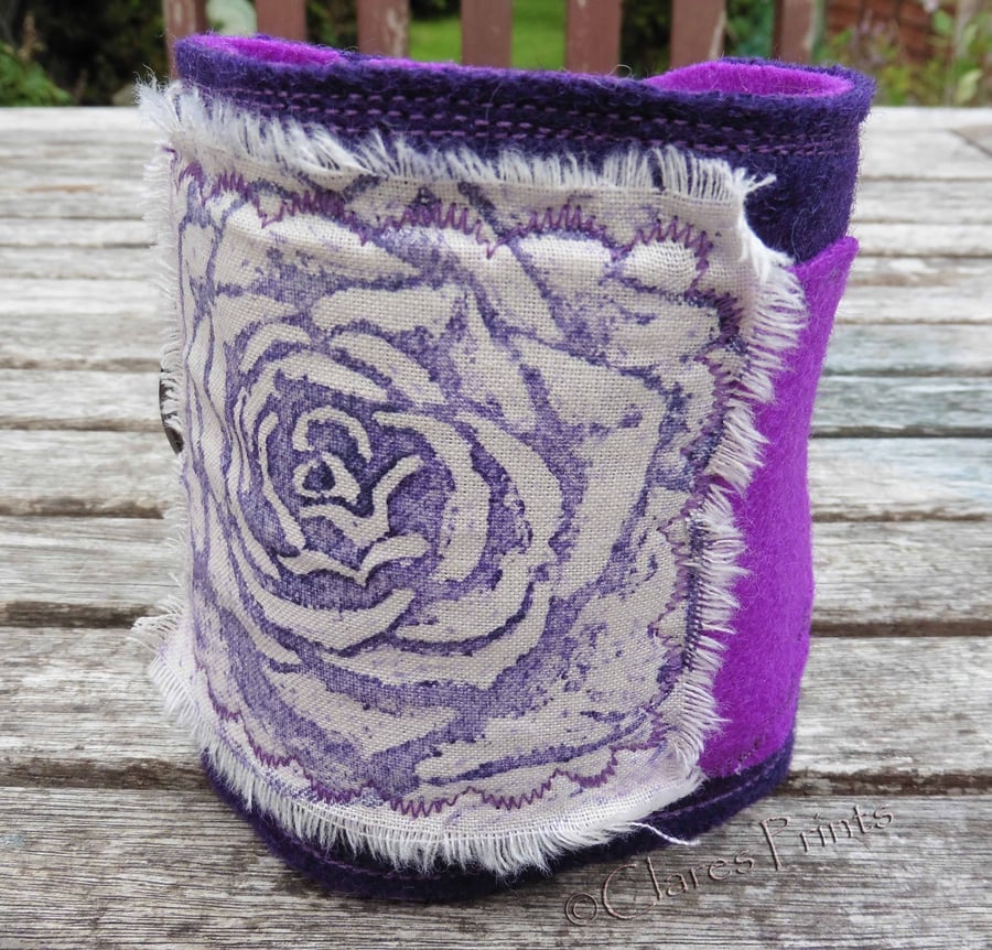 Rose Flower Cuff Hand Printed Fabric Wearable Artwork Bracelet